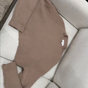 MARBLE Ribbed Knit Crewneck Sweater in Taupe Brown